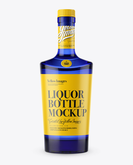 Download Blue Glass Liquor Bottle W Bung Front View In Bottle Mockups On Yellow Images Object Mockups PSD Mockup Templates