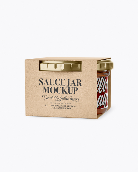 Clear Glass Sauce Jar in Kraft Paperboard Sleeve Mockup on Yellow