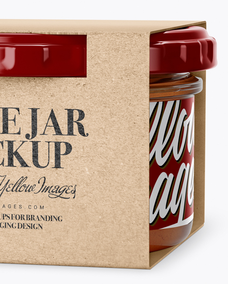 Clear Glass Sauce Jar in Kraft Paperboard Sleeve Mockup on Yellow