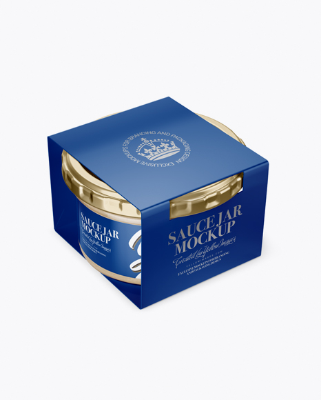 Clear Glass Cesar Sauce Jar in Paperboard Sleeve Mockup - Half Side View (High-Angle Shot) Clear Glass Cesar Sauce Jar in Paperboard Sleeve Mockup - Half Side View (High-Angle Shot)
