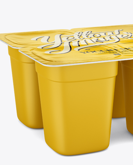 Download 4 Pack Yogurt Mockup Half Side View In Pot Tub Mockups On Yellow Images Object Mockups PSD Mockup Templates