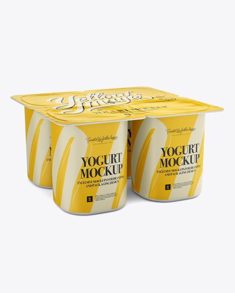 4 Pack Yogurt Mockup Half Side View In Pot Tub Mockups On Yellow Images Object Mockups