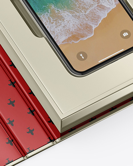 Metallic Gift Box With Apple iPhone X Mockup - Half Side View