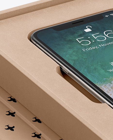 Kraft Gift Box With Apple iPhone X Mockup   Half Side View PSD #4