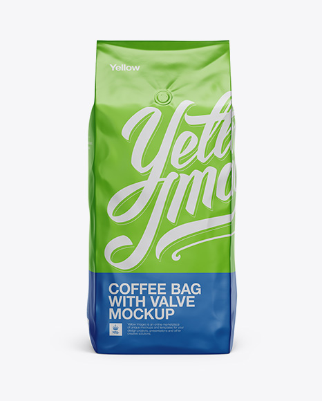 Download 2,5 kg Matte Metallic Coffee Bag With Valve Mockup - Front View in Bag & Sack Mockups on Yellow ...