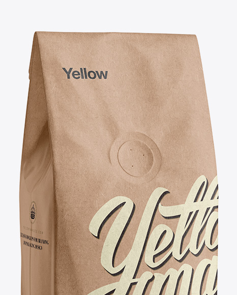 Download 250g Kraft Coffee Bag With Valve Mockup - Half-Turned View in Bag & Sack Mockups on Yellow ...