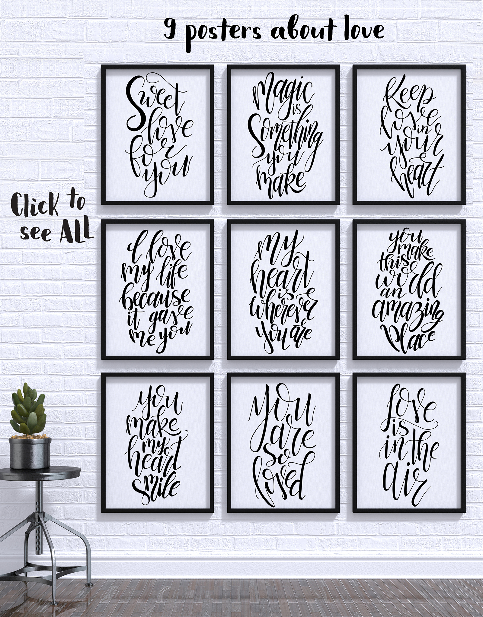 9 hand lettering Quotes about love on Yellow Images Creative Store