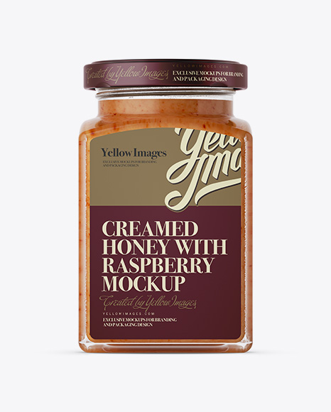 Creamed Honey w/ Raspberry Glass Jar Mockup on Yellow Images Object Mockups