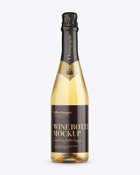 Champagne Bottle HQ Mockup - Front View on Yellow Images Object Mockups