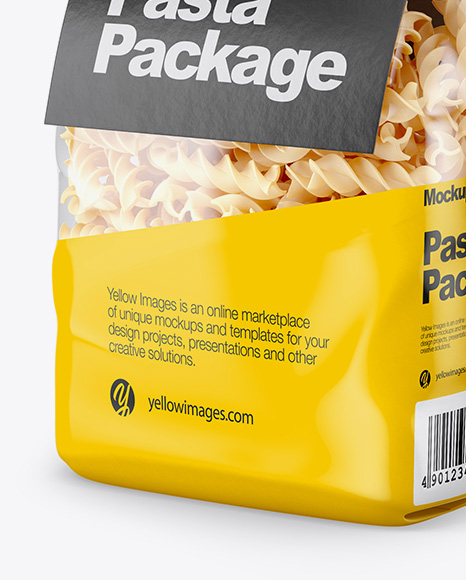 Download Fusilli Pasta With Label Mockup Half Side View In Bag Sack Mockups On Yellow Images Object Mockups Yellowimages Mockups