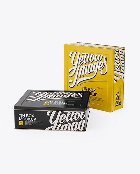 Two Tin Boxes Mockup - Halfside View (High-Angle Shot) on Yellow Images