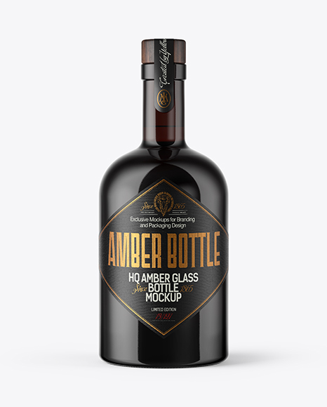 Dark Amber Glass Bottle with Wooden Cap & Wax Mockup