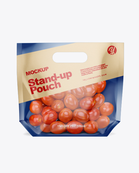 Glossy Transparent Stand-Up Pouch W/ Tomatos Mockup - Front View