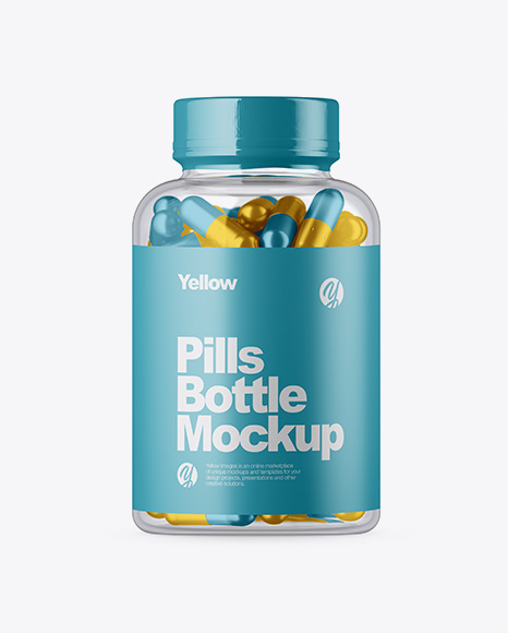 Clear Glass Bottle w/ Metallic Pills Mockup