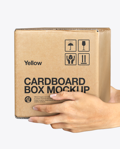 Download Cardboard Box With Hands Mockup In Box Mockups On Yellow Images Object Mockups PSD Mockup Templates