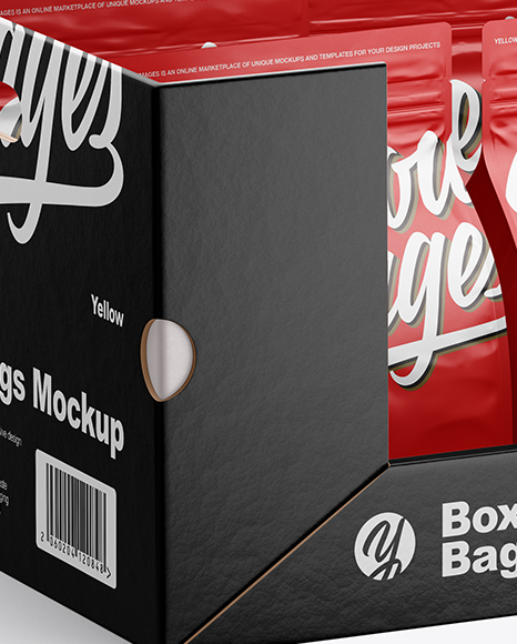 Box W 6 Matte Bags Mockup In Bag Sack Mockups On Yellow Images Object Mockups