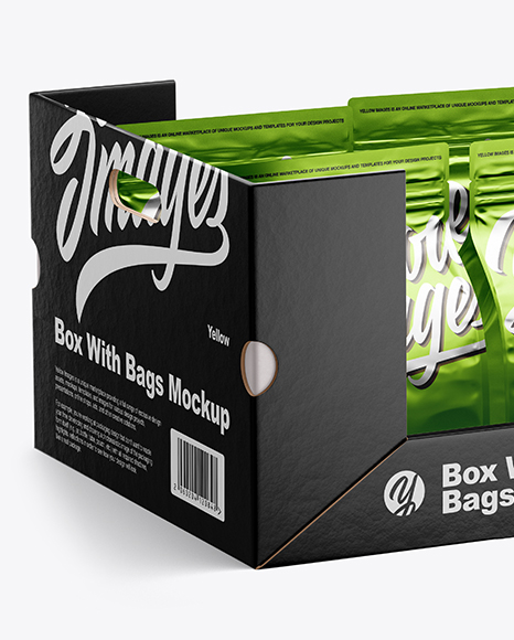 Download Box W 6 Metallic Bags Mockup In Bag Sack Mockups On Yellow Images Object Mockups