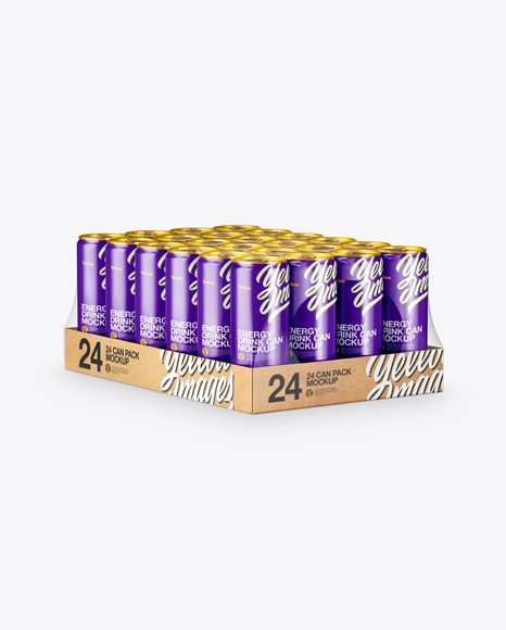 Transparent Pack with 24 Glossy Aluminium Cans Mockup