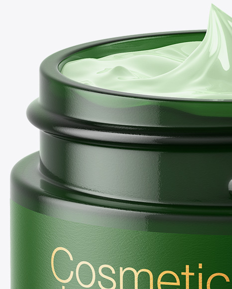 Opened Dark Green Glass Cosmetic Jar Mockup PSD #6