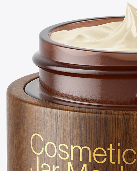 Opened Amber Glass Cosmetic Jar in Wooden Shell Mockup PSD #6