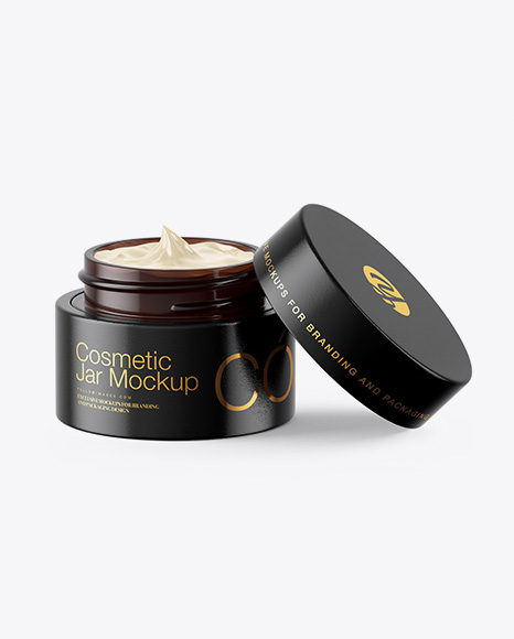 Opened Dark Amber Glass Cosmetic Jar in Wooden Shell Mockup PSD #1