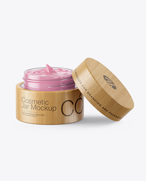 Opened Clear Glass Cosmetic Jar in Wooden Shell Mockup PSD #2