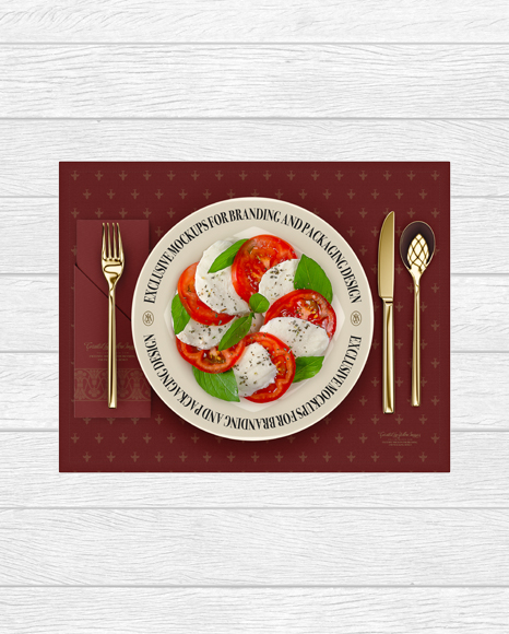 Plate with Caprese Salad and Cutlery Mockup - Top View