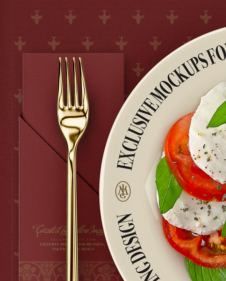 Plate with Caprese Salad and Cutlery Mockup - Top View