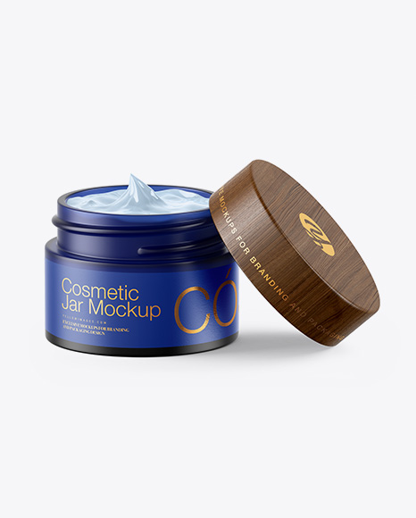 Opened Dark Frosted Blue Glass Cosmetic Jar Mockup PSD #2