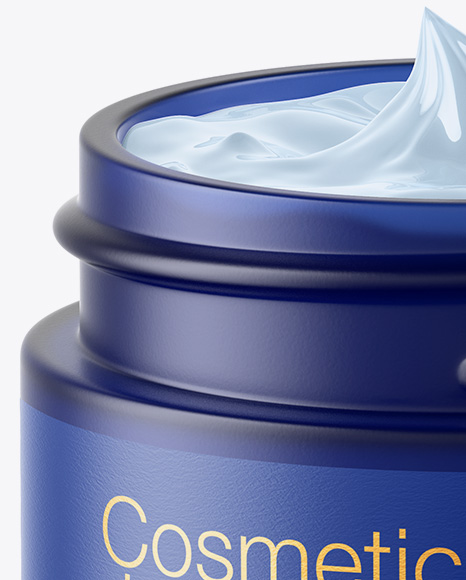 Opened Dark Frosted Blue Glass Cosmetic Jar Mockup PSD #6