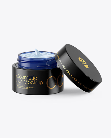 Opened Blue Glass Cosmetic Jar in Wooden Shell Mockup PSD #4