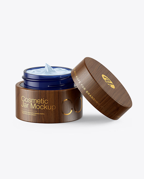 Opened Dark Blue Glass Cosmetic Jar in Wooden Shell Mockup PSD #2