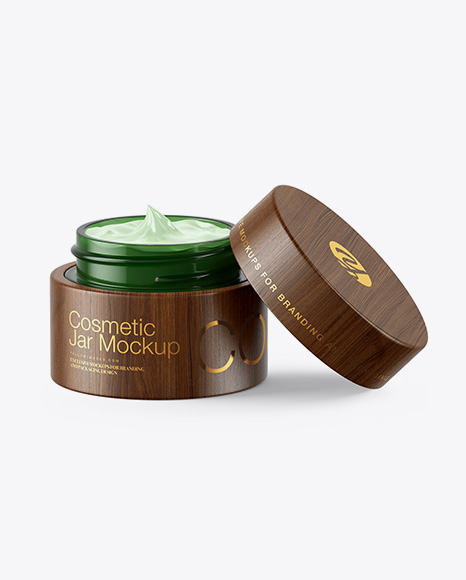 Opened Green Glass Cosmetic Jar in Wooden Shell Mockup PSD #2