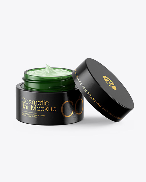 Opened Green Glass Cosmetic Jar in Wooden Shell Mockup PSD #1