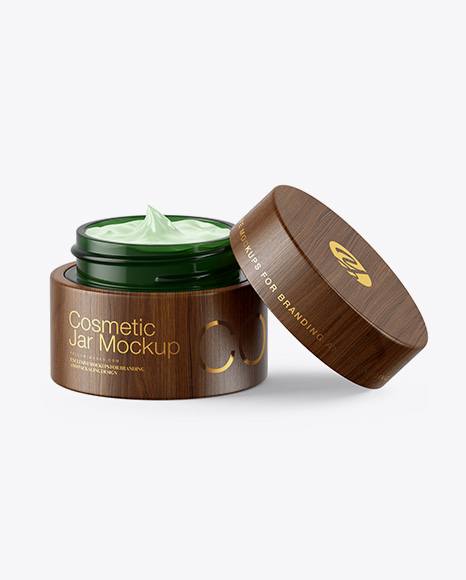 Opened Dark Green Glass Cosmetic Jar in Wooden Shell Mockup PSD #2