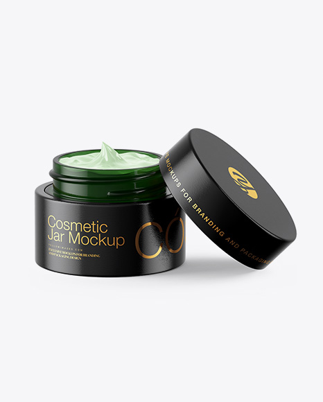 Opened Dark Green Glass Cosmetic Jar in Wooden Shell Mockup PSD #1