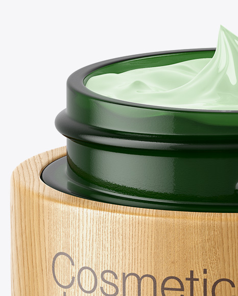 Opened Dark Green Glass Cosmetic Jar In Wooden Shell Mockup In Jar Mockups On Yellow Images Object Mockups