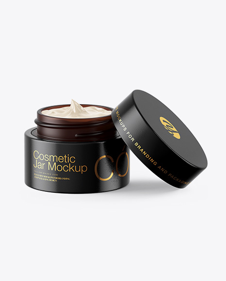 Opened Dark Amber Frosted Glass Cosmetic Jar in Wooden Shell Mockup PSD #1