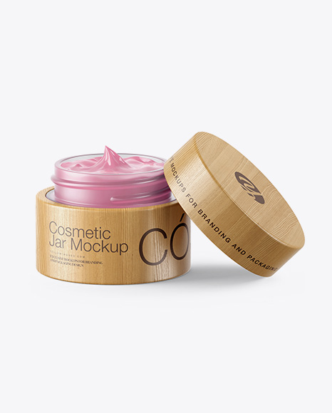 Opened Frosted Glass Cosmetic Jar in Wooden Shell Mockup PSD #2