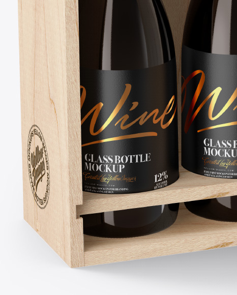 Wooden Box With White Wine Amber Bottles Mockup In Box Mockups On Yellow Images Object Mockups