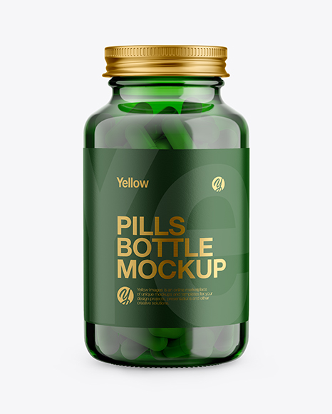 Green Glass Bottle With Pills Mockup PSD #2