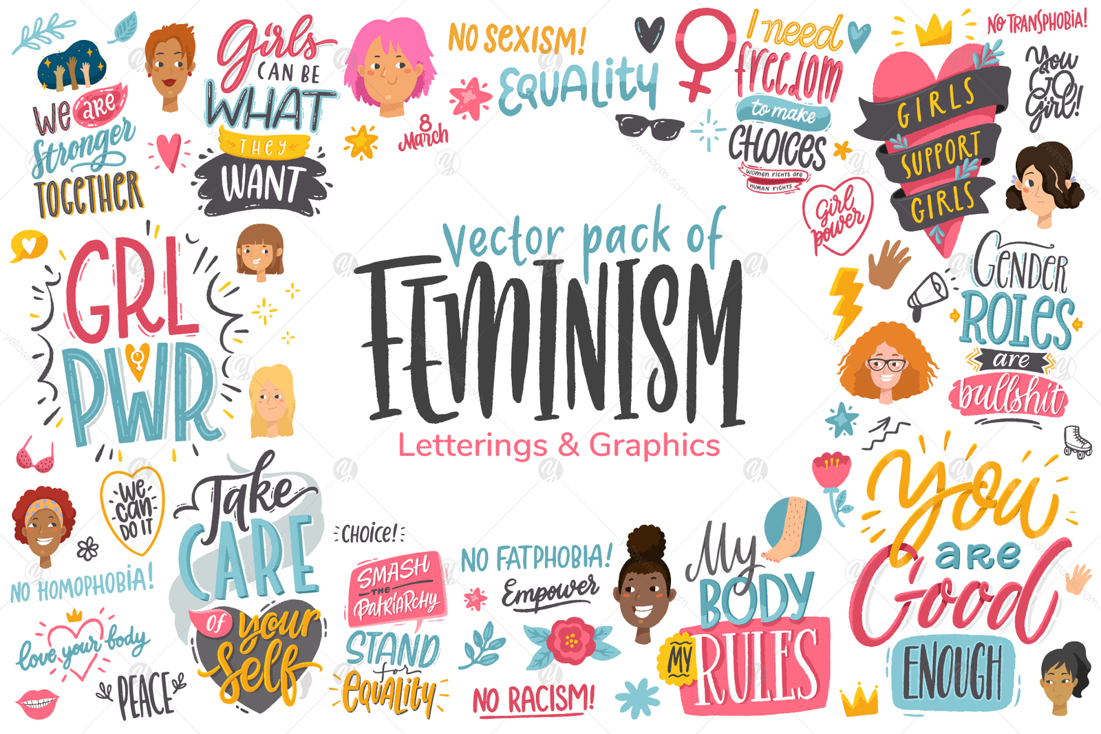 Download Feminism Vector Letterings Graphics In Lettering On Yellow Images Creative Store PSD Mockup Templates