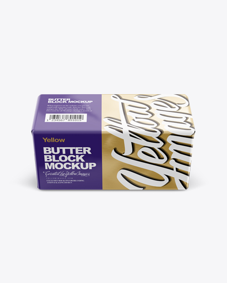 Download 250g Butter Block In Metallic Foil Wrap Mockup Front View High Angle Shot In Packaging Mockups On Yellow Images Object Mockups PSD Mockup Templates