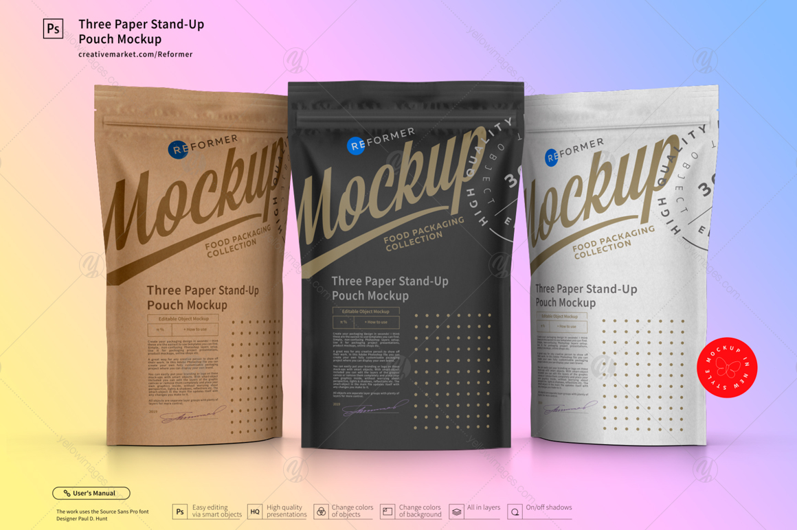 Download Three Paper Doy Pack Pouch Mockup In Packaging Mockups On Yellow Images Creative Store PSD Mockup Templates