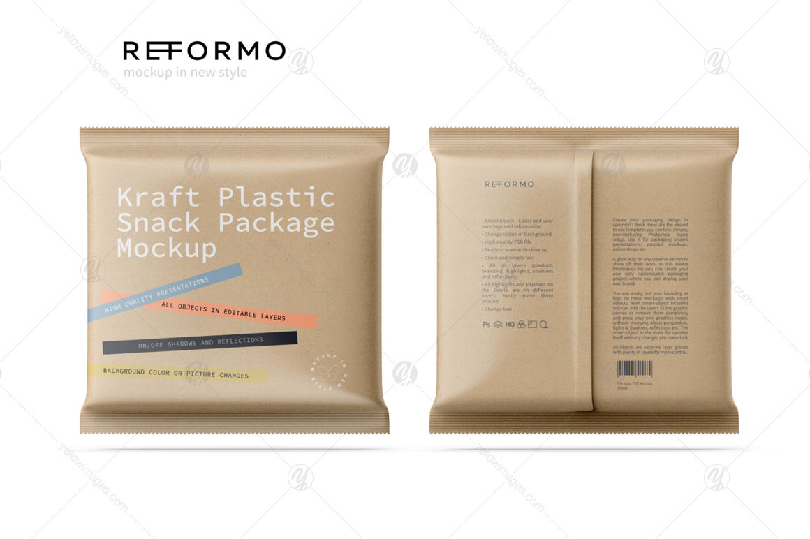 Download Kraft Snack Package Mockup Front Back View In Packaging Mockups On Yellow Images Creative Store