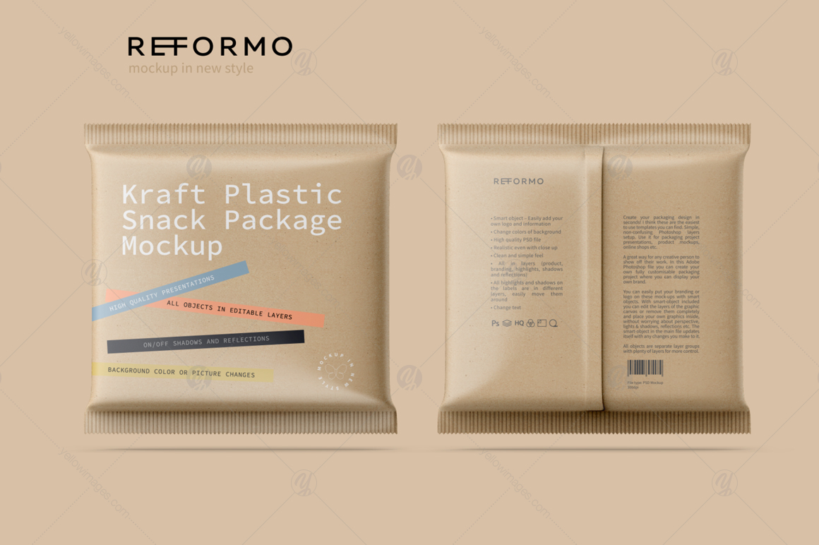 Download Kraft Snack Package Mockup Front Back View In Packaging Mockups On Yellow Images Creative Store PSD Mockup Templates