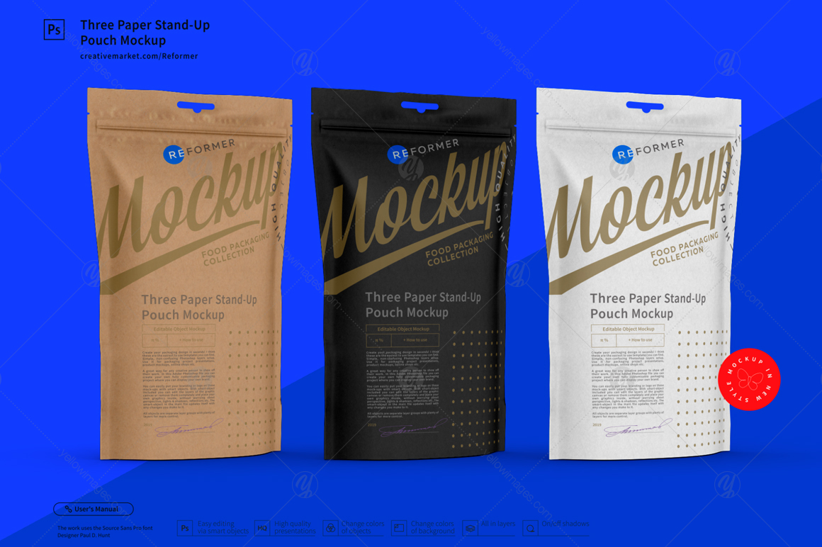 Download Three Paper Stand Up Pouch Mockup In Packaging Mockups On Yellow Images Creative Store