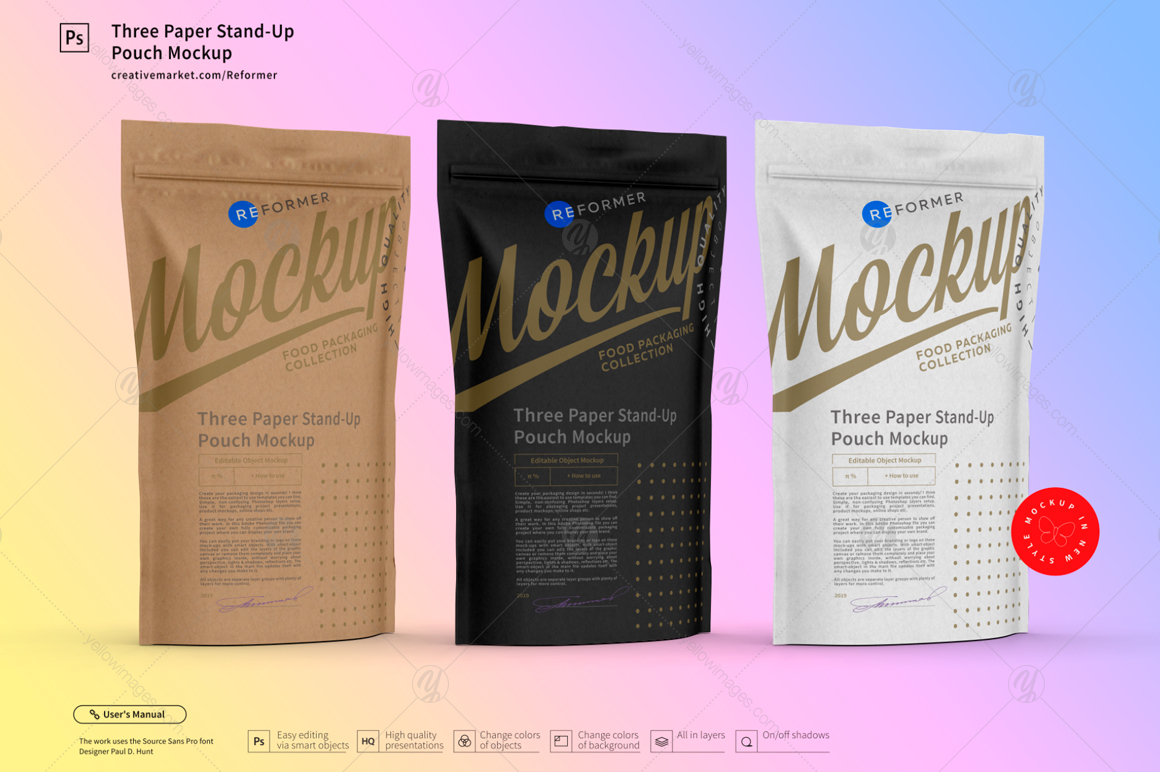 Download Three Paper Stand Up Pouch Mockup In Packaging Mockups On Yellow Images Creative Store