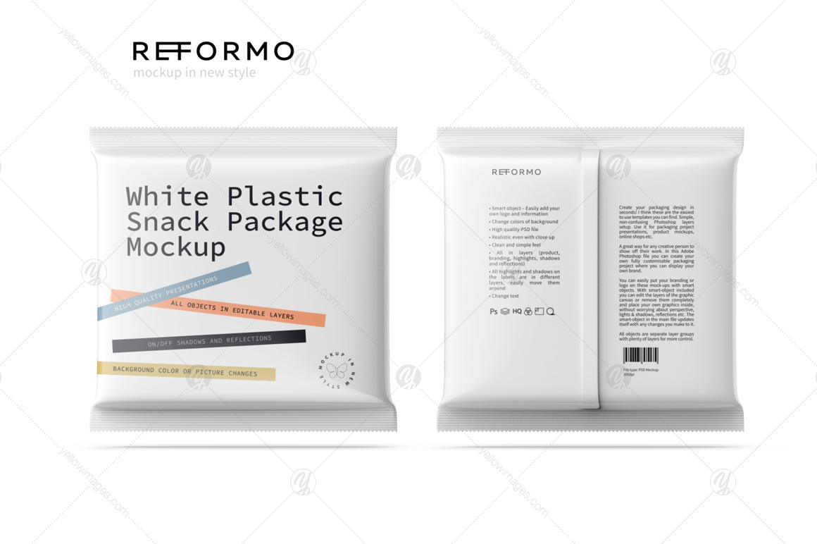 Download White Plastic Snack Package Front Back View In Packaging Mockups On Yellow Images Creative Store