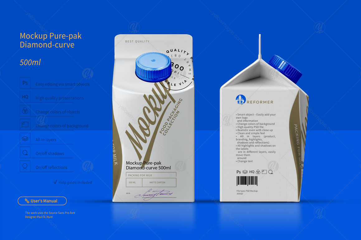 Mockup Pure Pak Diamond Curve 500ml In Packaging Mockups On Yellow Images Creative Store